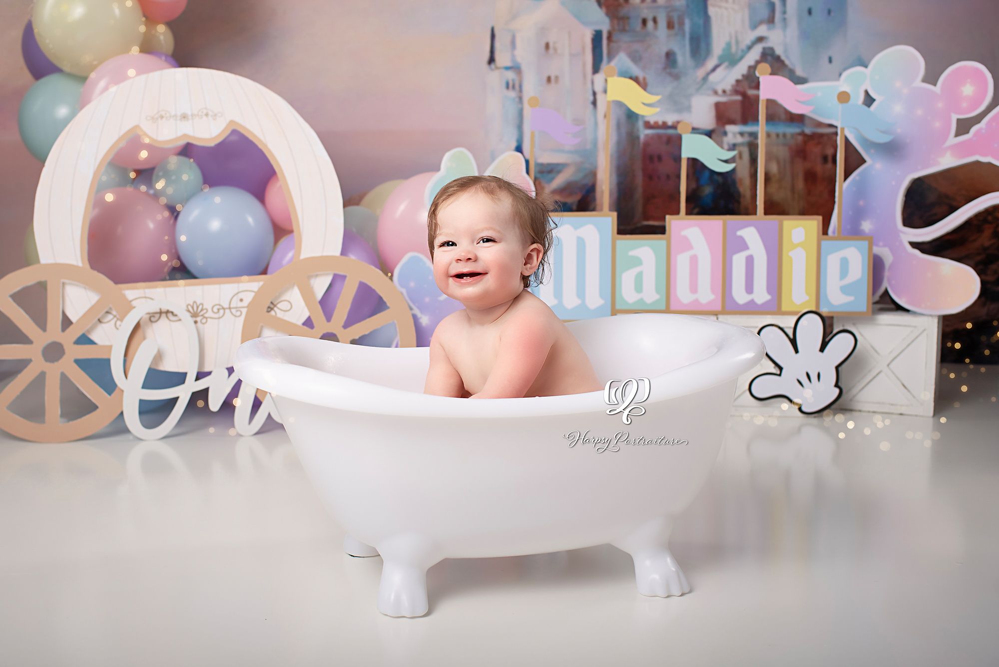 Magical castle Cake Smash photoshoot one year girl birthday photos Lexington, SC; best photographer Lexington, SC
