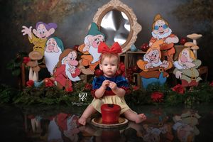 First birthday Snow White photoshoot with mirror, dwarves, apple cake and baby Snow White; best photographer Lexington, SC; baby photoshoot