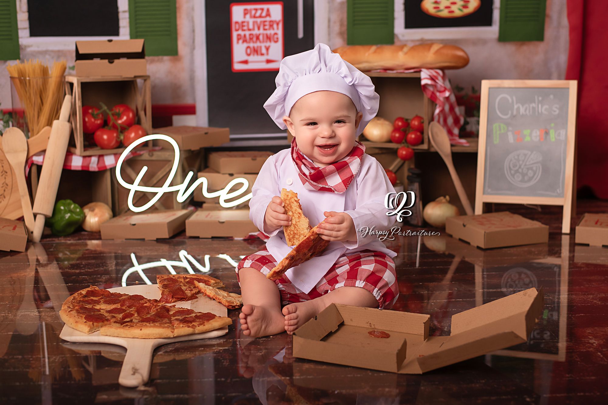 Pizza cake smash photoshoot birthday session; best photographer Lexington, SC; professional one-year birthday photoshoot; portrait studio
