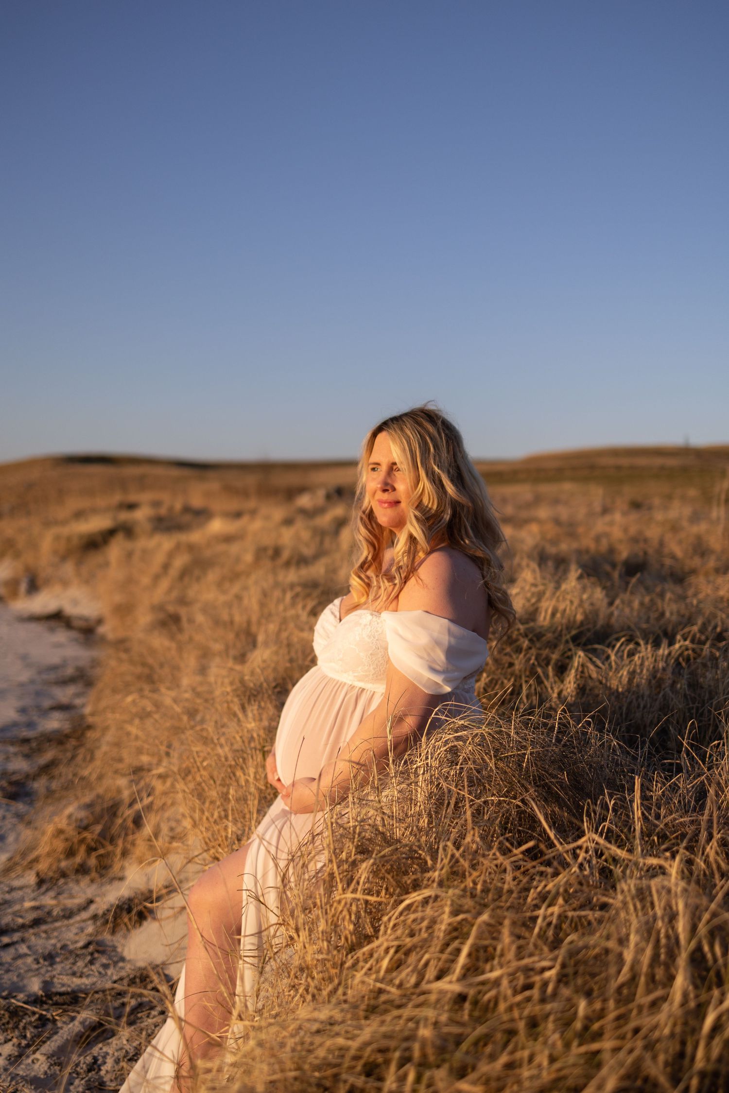 Golden sunlit maternity photoshoot in a field of dried grass at sunset.