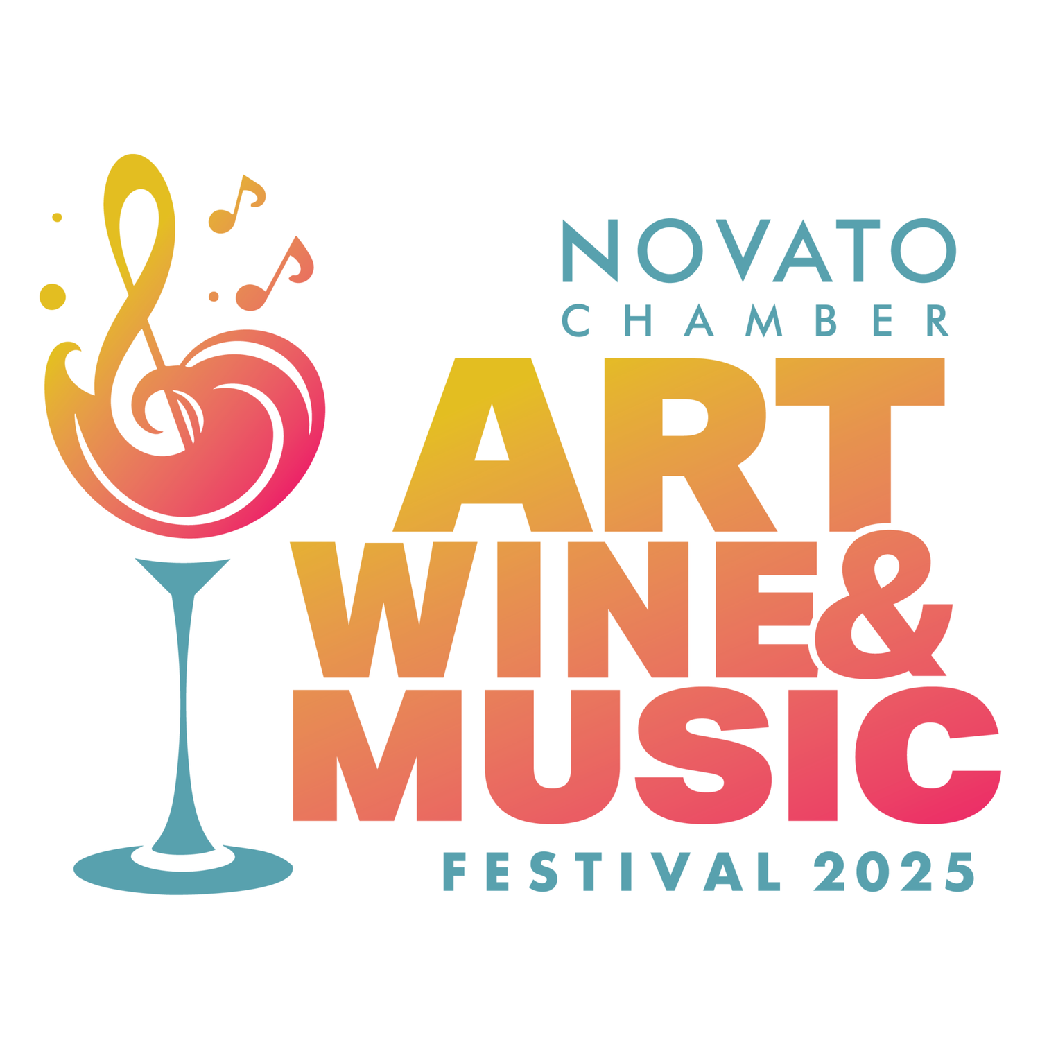 Colorful promotional banner for Novato Art Wine & Music Festival 2022 featuring stylized wine glass illustration.