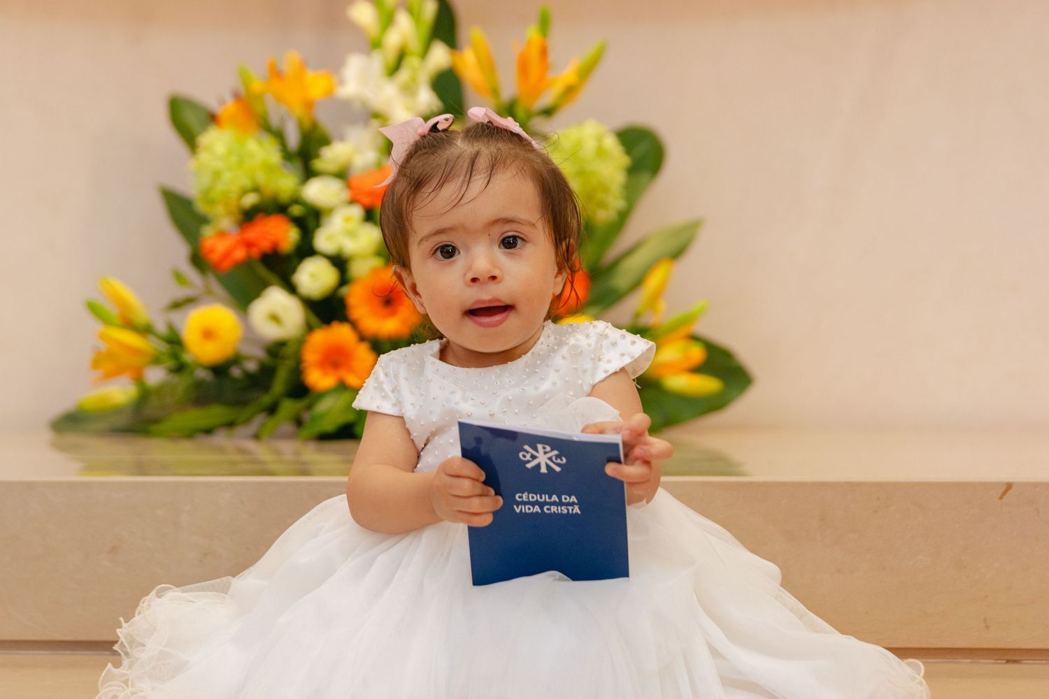 A series of photos showing a small child holding a blue passport against a floral background.