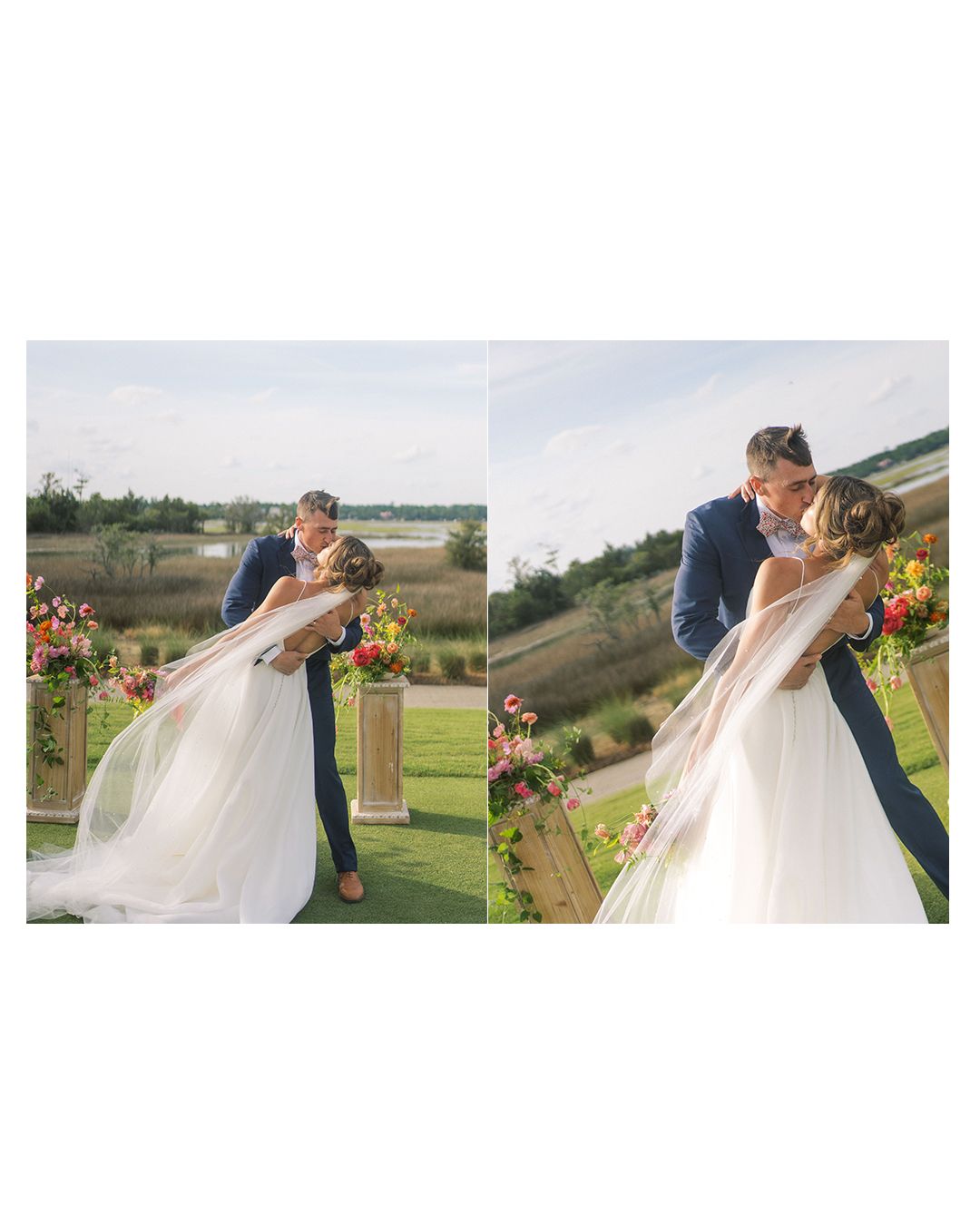 Romantic wedding portraits captured on a scenic golf course with colorful floral arrangements.