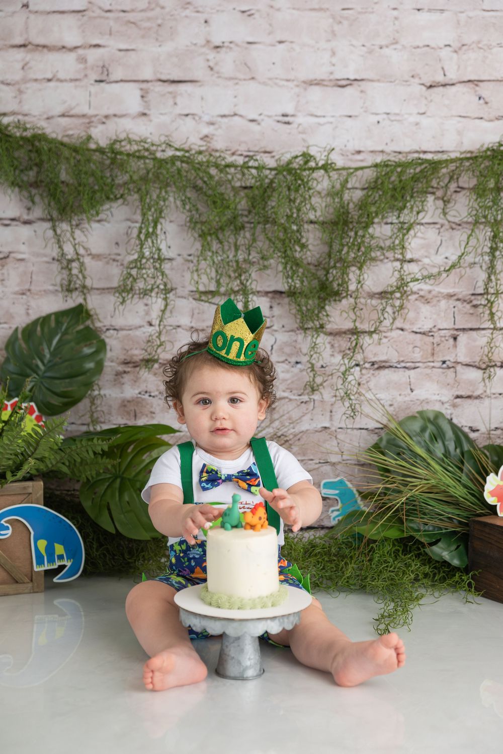 Small child in green party hat sits on floor with cake for first birthday celebration against brick wall with greenery.