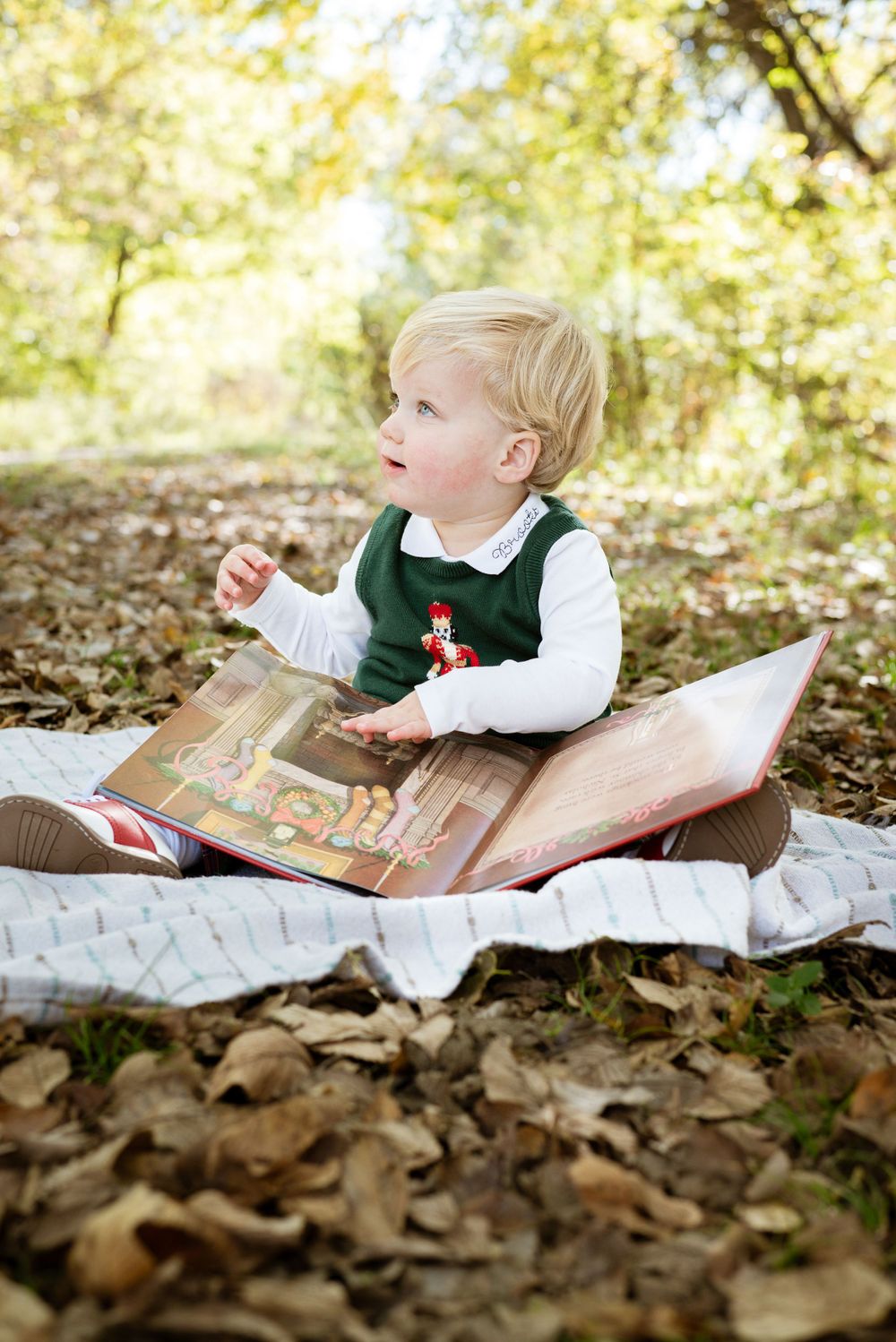 Young child reading picture book while sitting on blanket surrounded by autumn leaves.