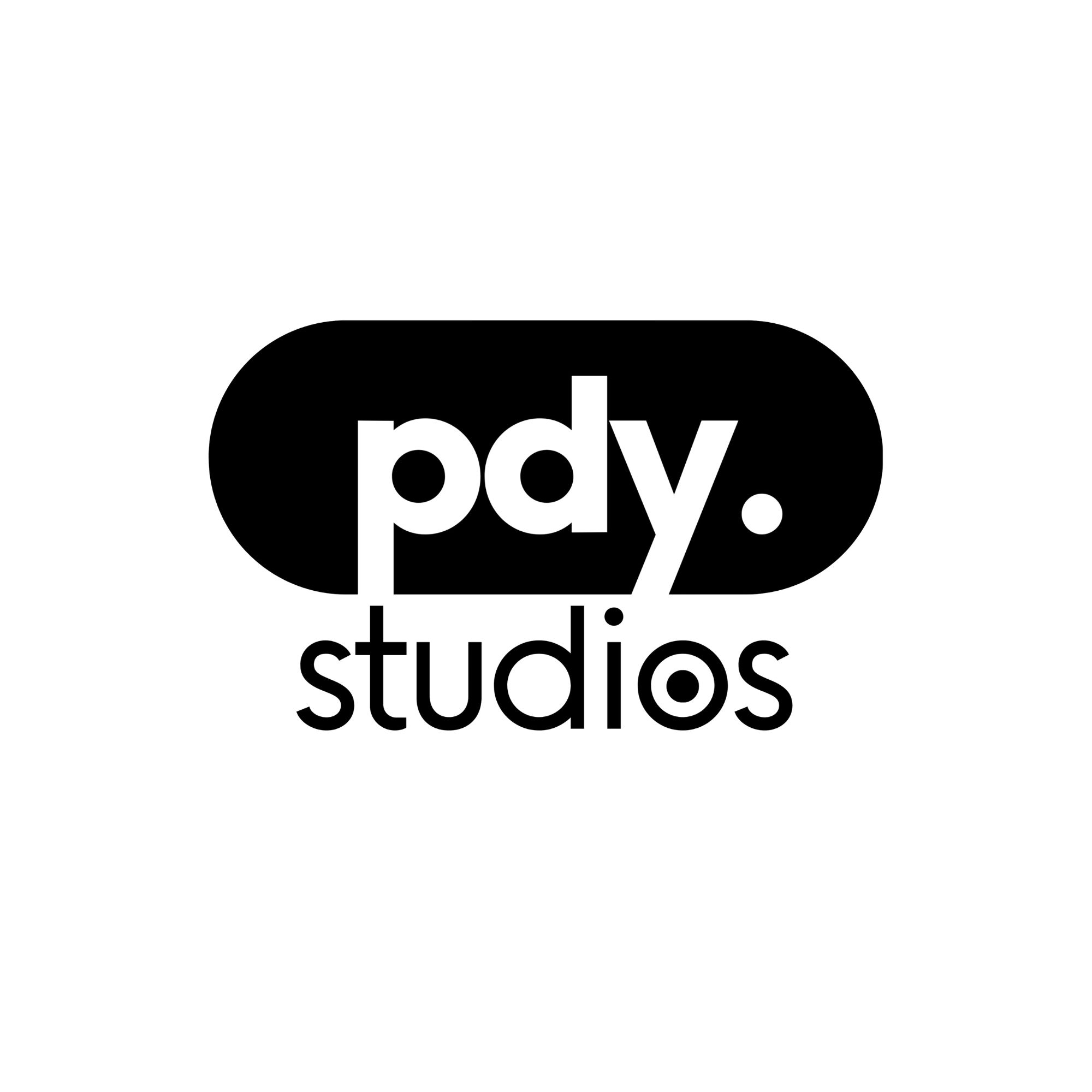 Black and white PDY Studios logo design on white background.