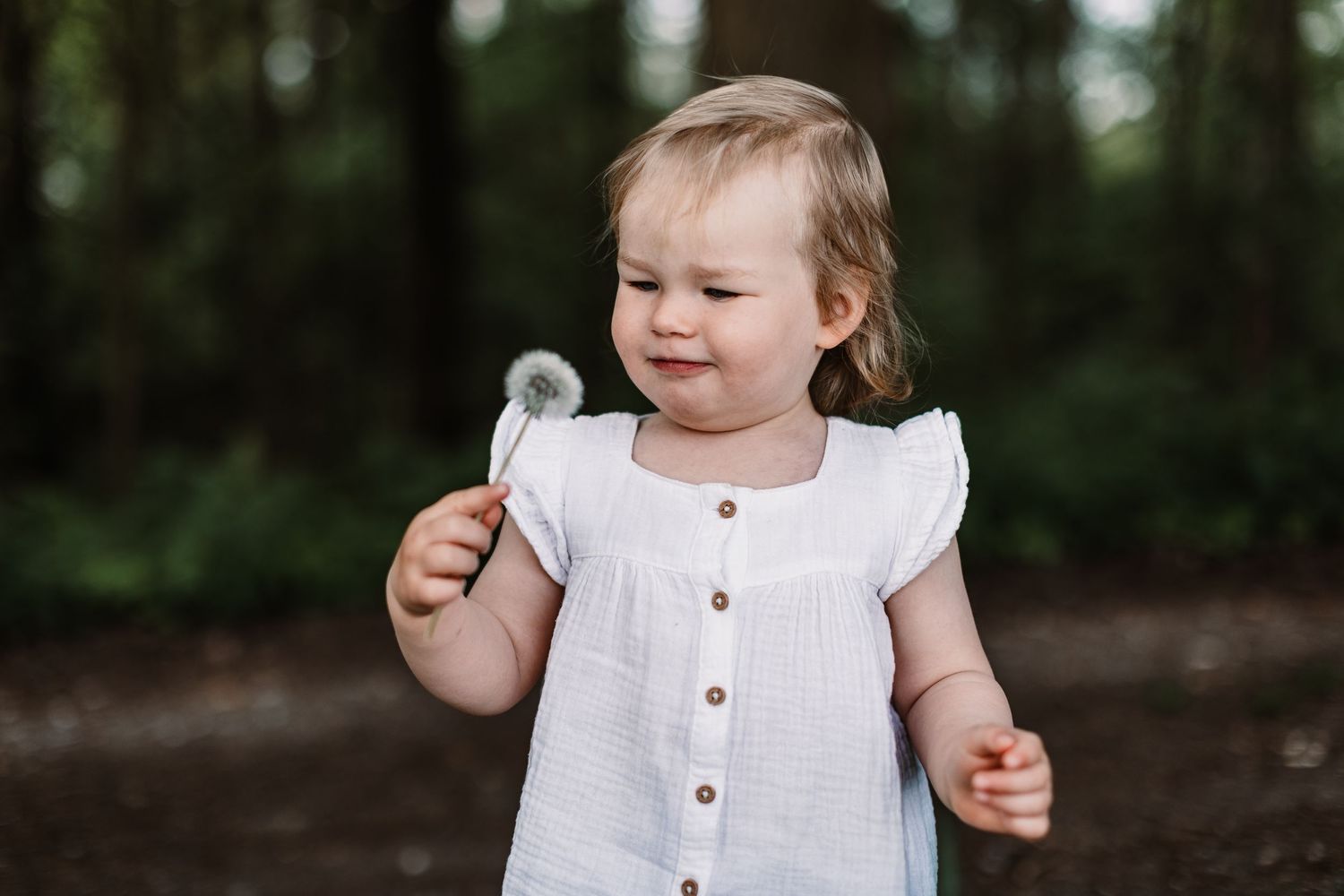 Toddler in white dress holds dandelion while playing outdoors in wooded setting.