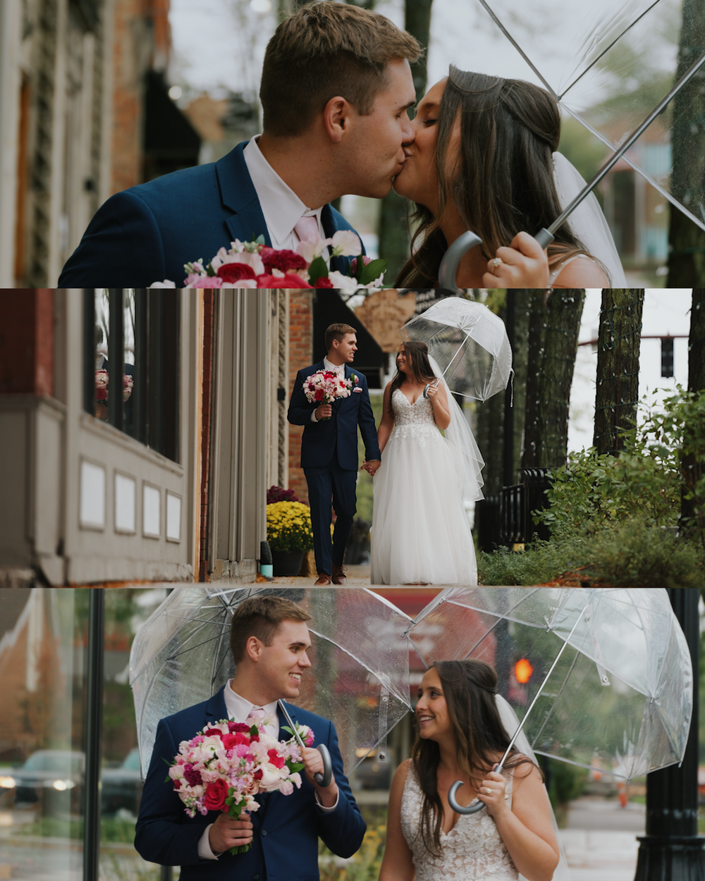 Wedding photo collage showing couple with umbrella and flowers in urban setting.