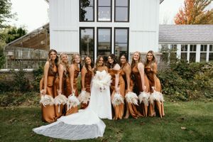 Wedding party in brown dresses posing on grass in front of white building.