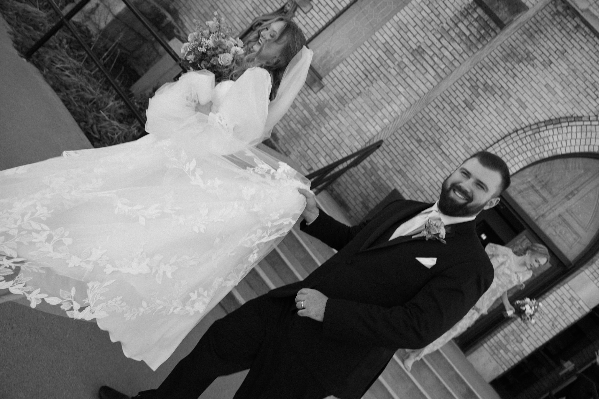 A sequence of black and white wedding photographs showing romantic moments between a bride and groom outdoors.