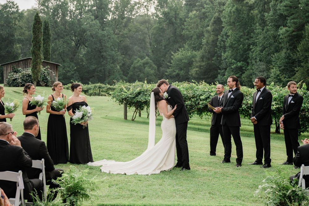 Wedding party lined up on stone pathway surrounded by green landscaping.