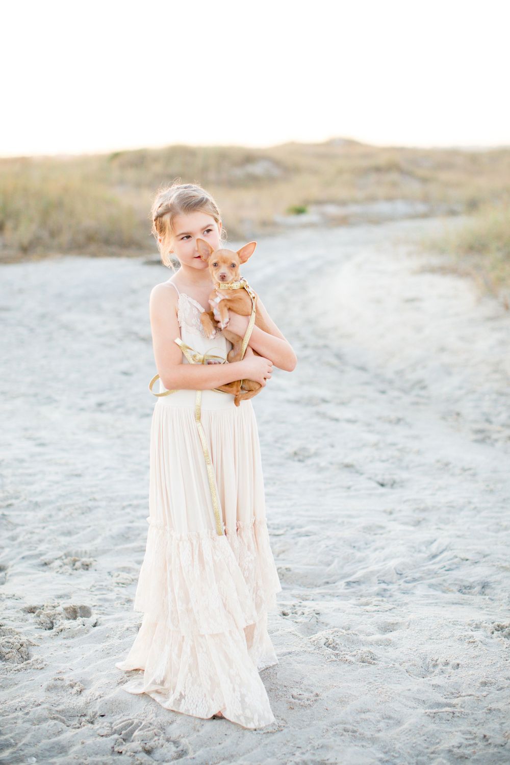 Woman in flowing dress holding small chihuahua on beach at sunset.