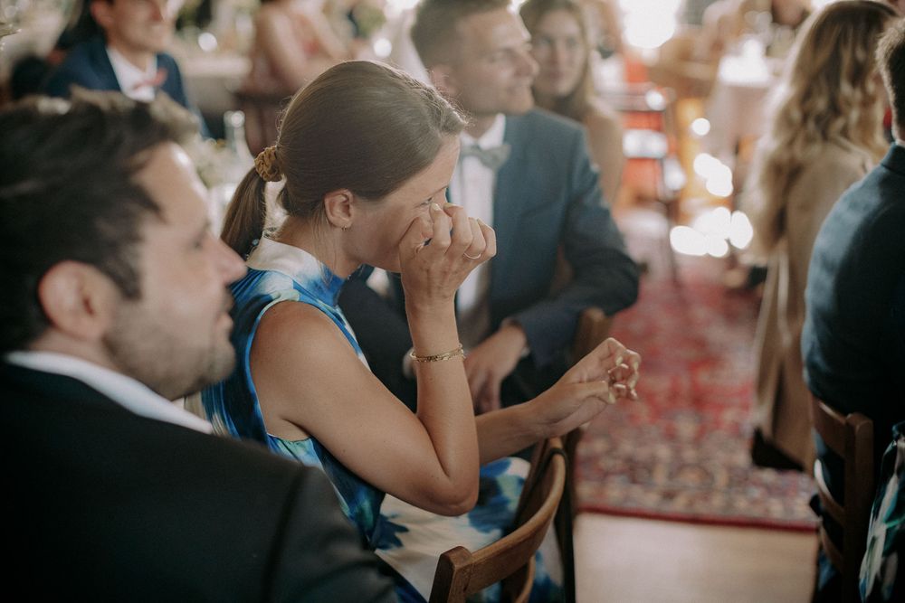 Wedding guests react emotionally during a reception celebration at an indoor venue.