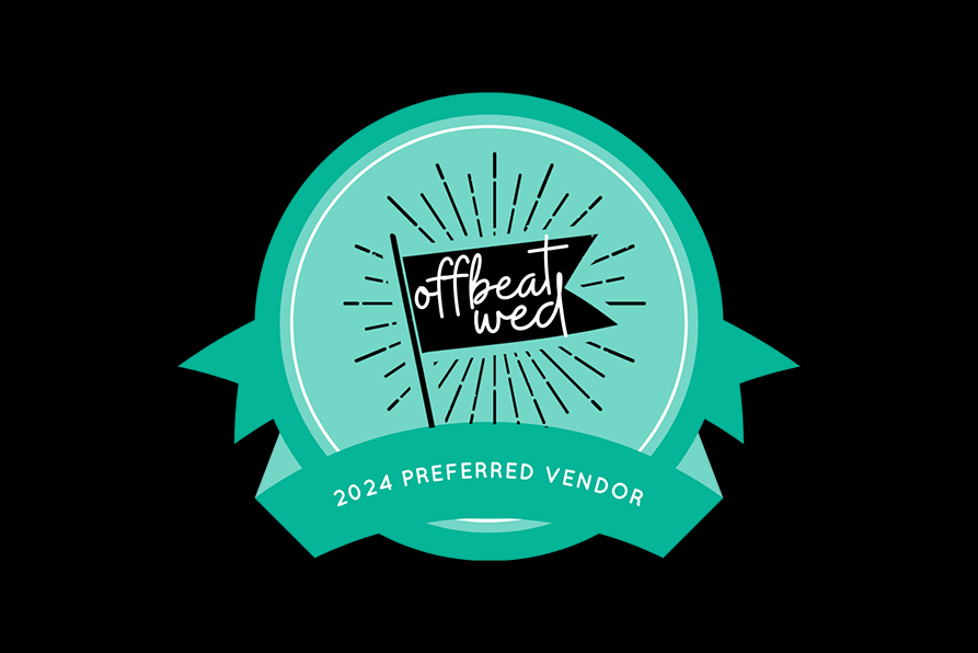 Teal and black award badge for Offbeat Wed naming Adrienne Catanese as a preferred wedding vendor for offbeat couples.