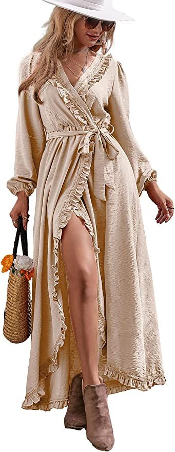 Boho V Neck Ruffle Floral Wrap Maxi Dress