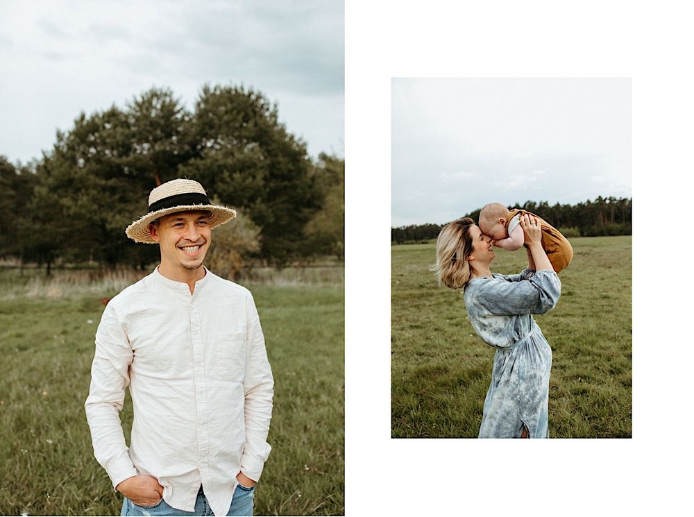 People in casual clothing interact playfully in an open field with forest backdrop.