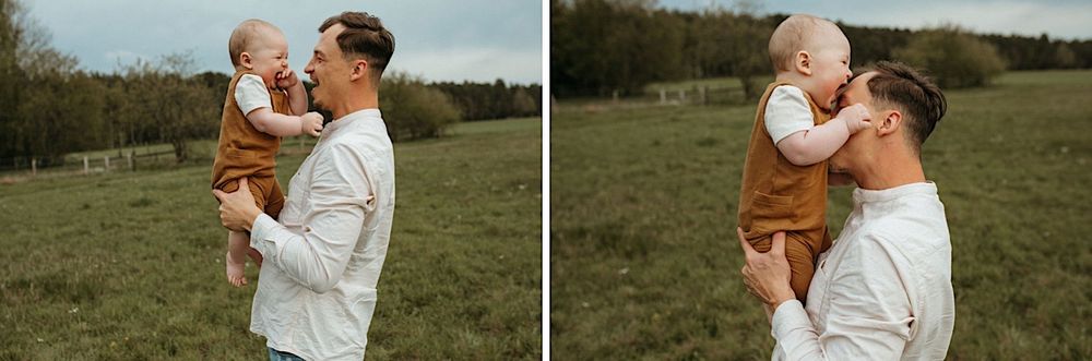 Candid family interactions in a sunlit meadow showing joyful expressions.