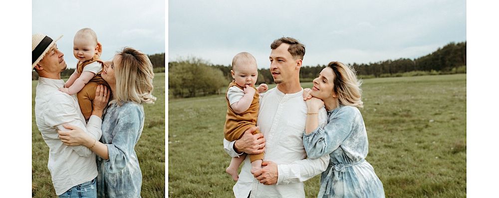 A series of candid family moments unfold in a sun-drenched meadow setting.