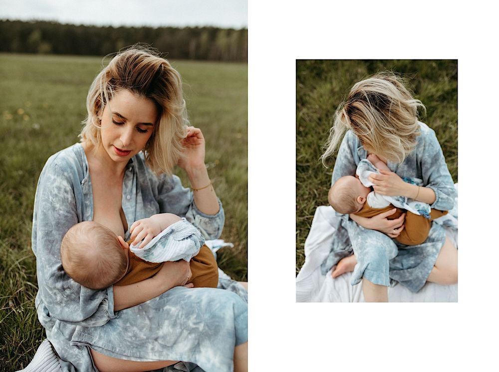 Collection of tender moments between parent and baby in a blue floral dress against green grass.