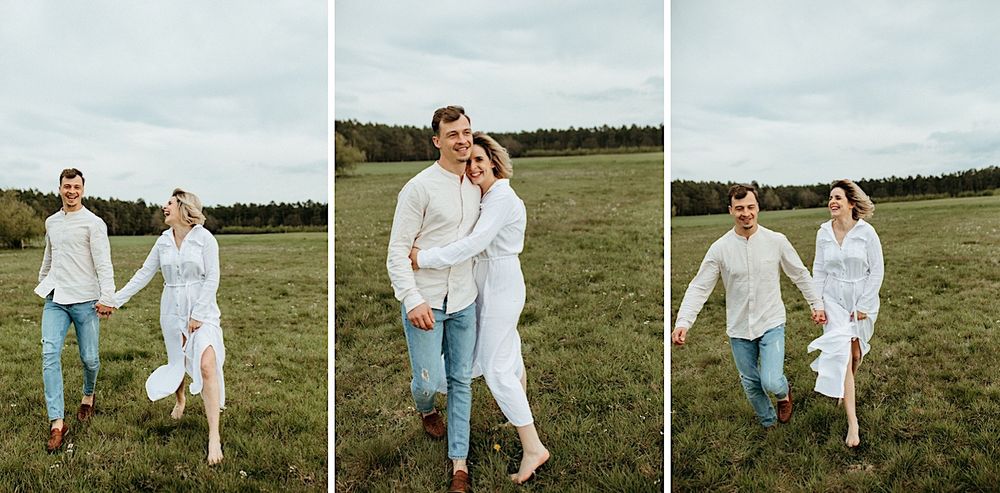Series of candid moments showing a couple in white and denim enjoying time in an open field.