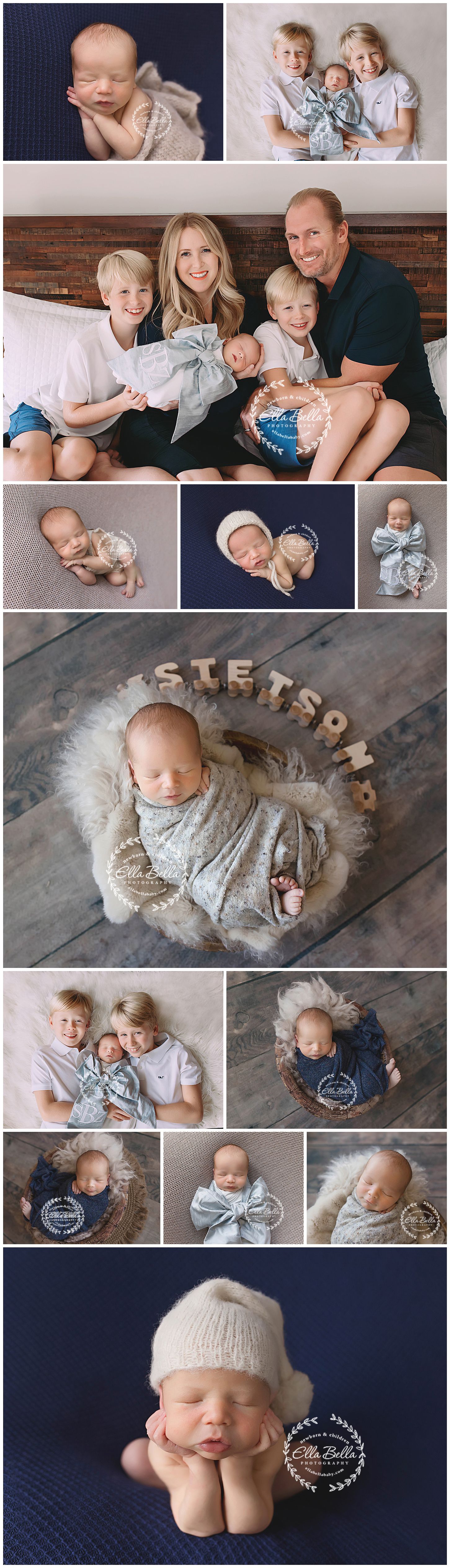 Professional family photo collection featuring casual poses and coordinating blue outfits.