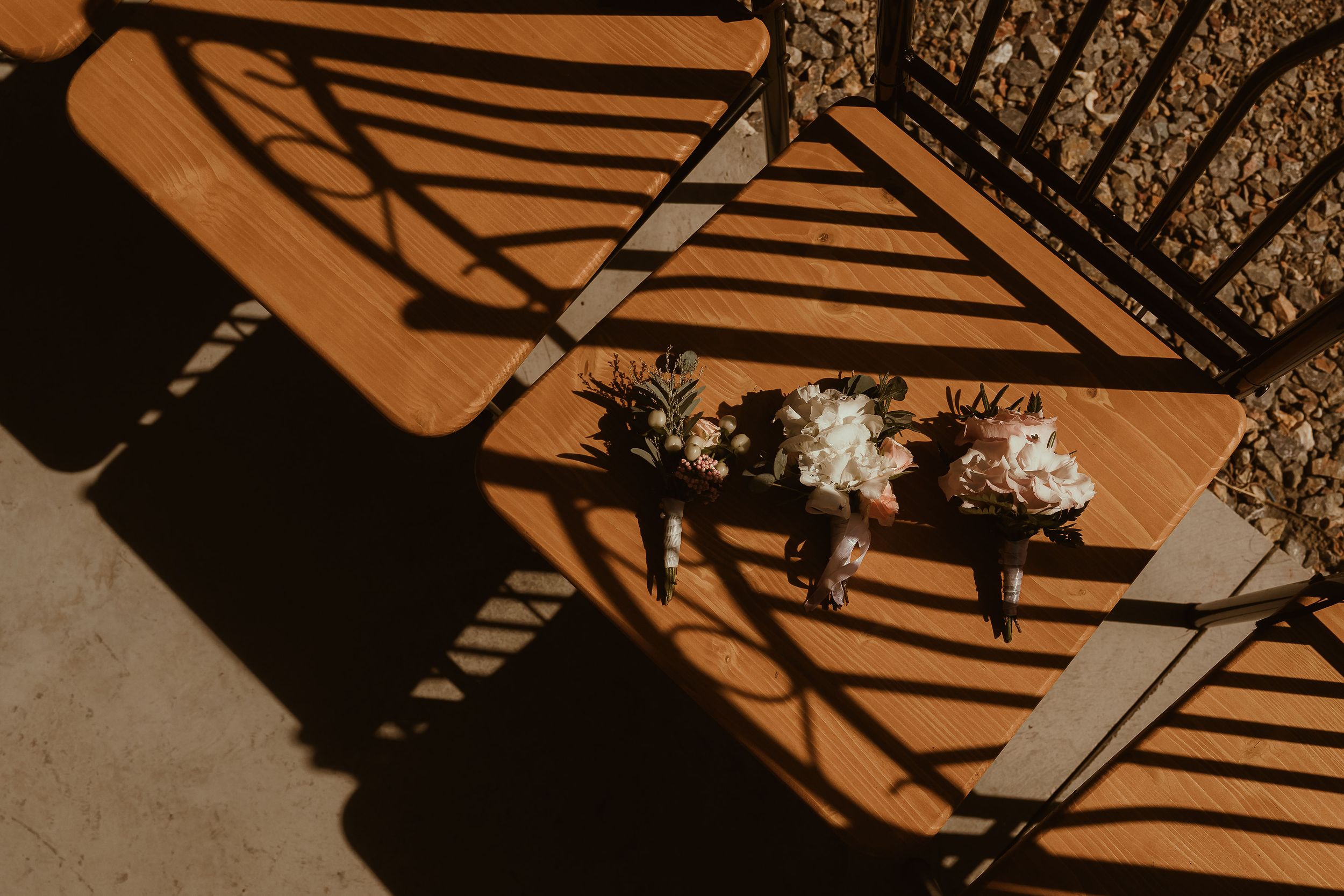 Golden sunlight casts striped shadows across a table with small floral arrangements.