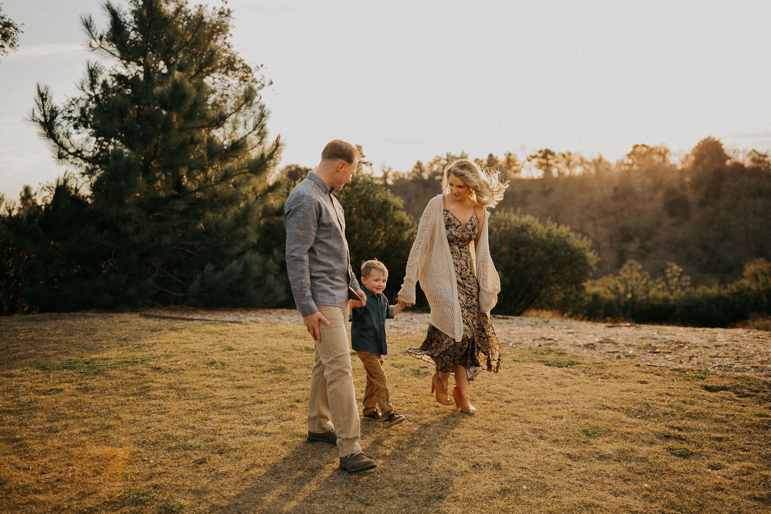 Three people walking together in a golden field at sunset with evergreen trees in the background.