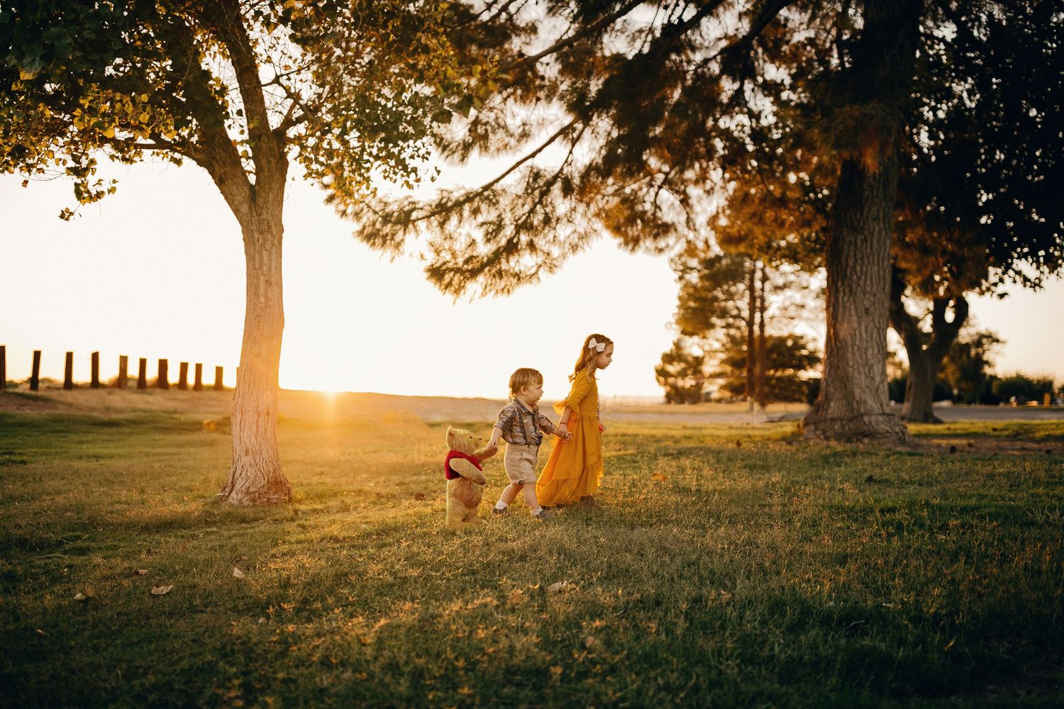 Family enjoying sunset together on grassy hill with fence and trees silhouetted in background.