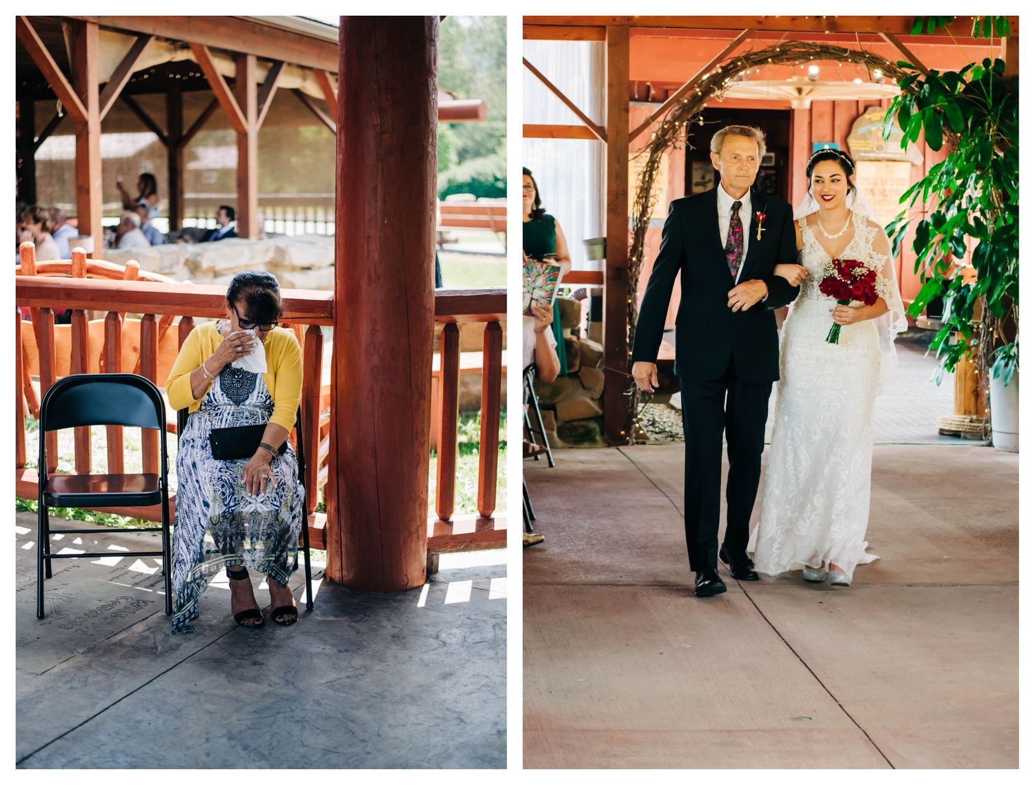 bride's grandmother wiping her eyes with a tissue, bride's grandfather walking her down the aisle