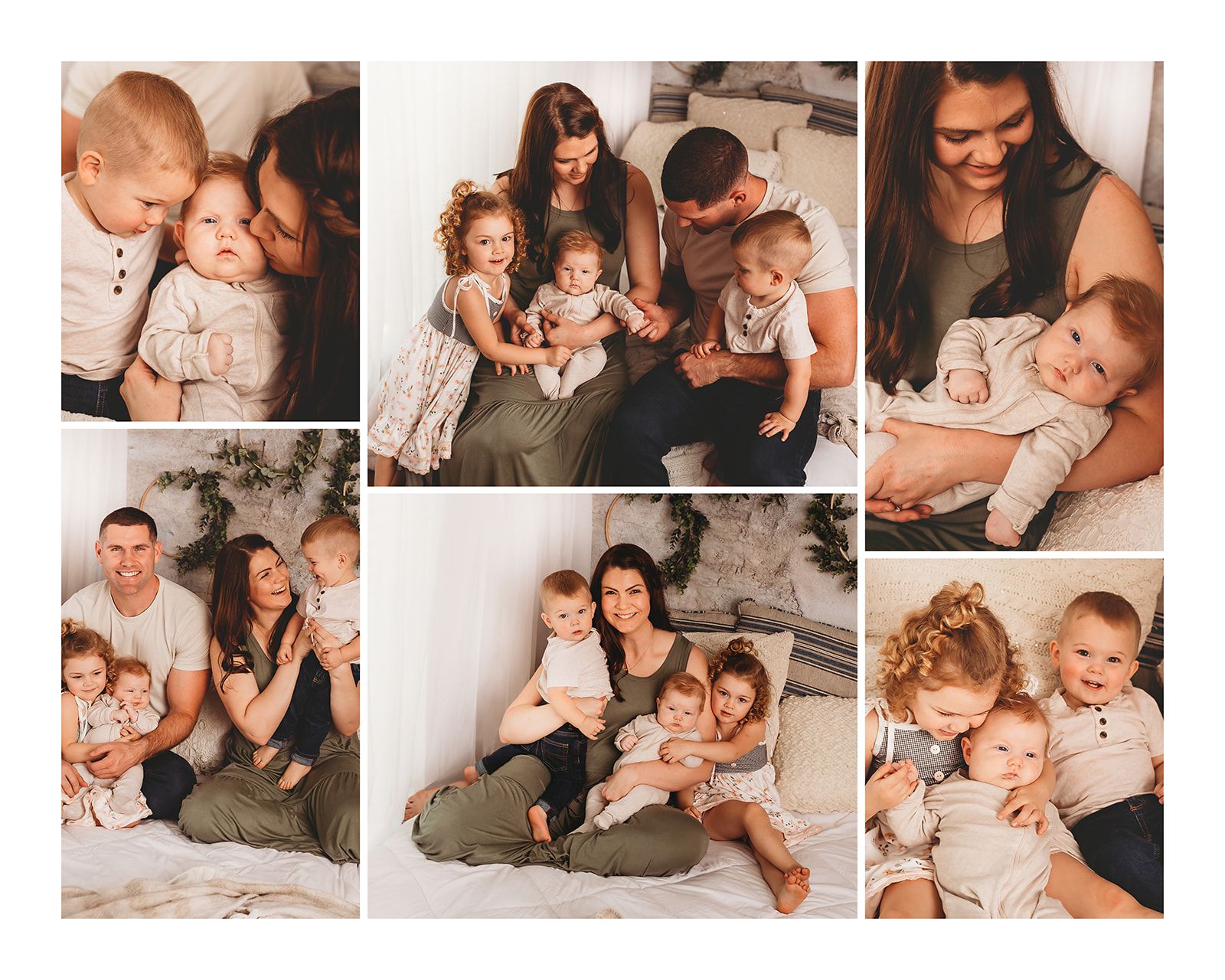 A heartwarming collage of family photos showing tender moments between parents and children on a cozy bed setting.