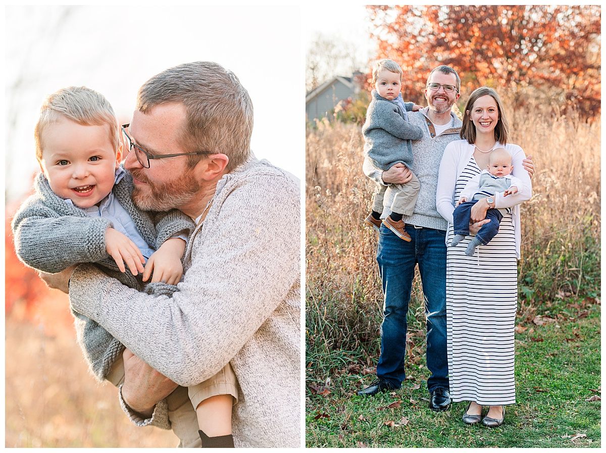 Candid father and son portrait and traditional posed family portrait during fall golden hour in Starkey Park Zionsville