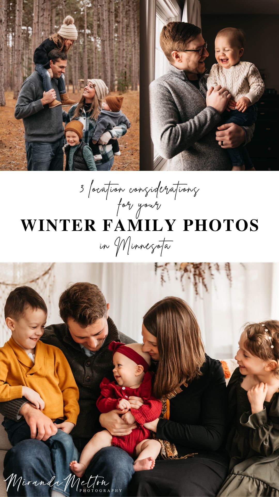 Collage of 3 photos taken of families in Minnesota during winter - one outdoors, one in-home, one in-studio