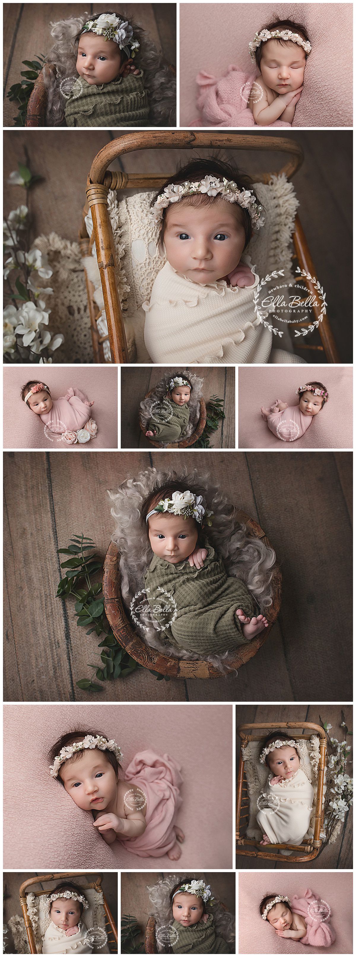 Artistic newborn photo collection with baby wearing floral crown in pink and sage settings.