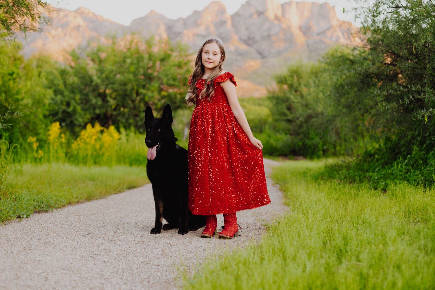 Red dress flows in desert breeze as black dog sits beside path with mountains in background.