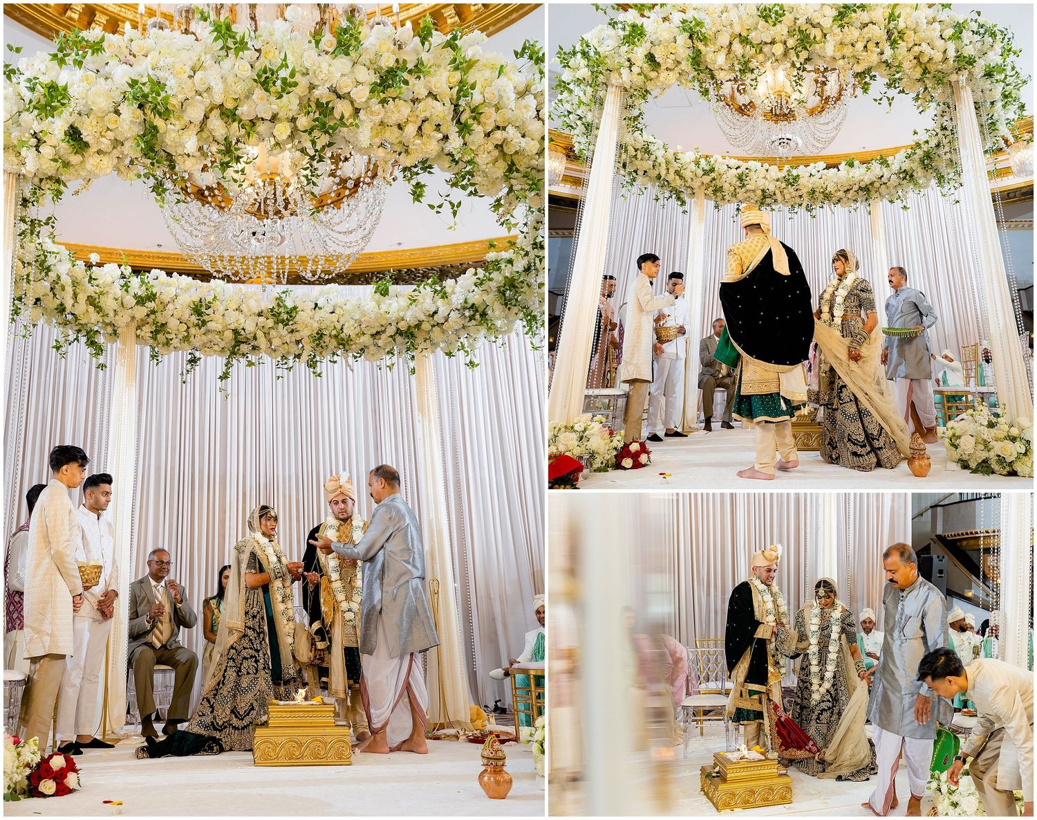 Wedding ceremony setup with white drapes and floral arch decorations in an indoor venue.