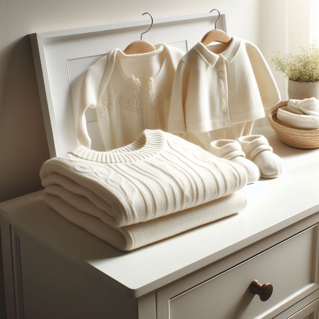 a cream jumper and baby cardigan set out ready on top of a white dresser