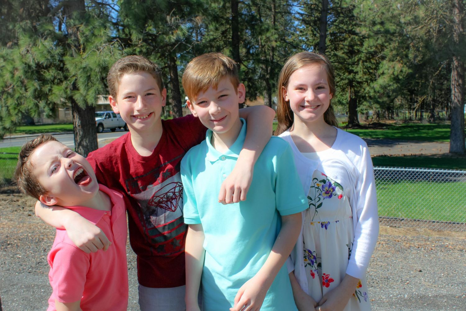 Group of four people pose together outdoors in a park with pine trees in the background.