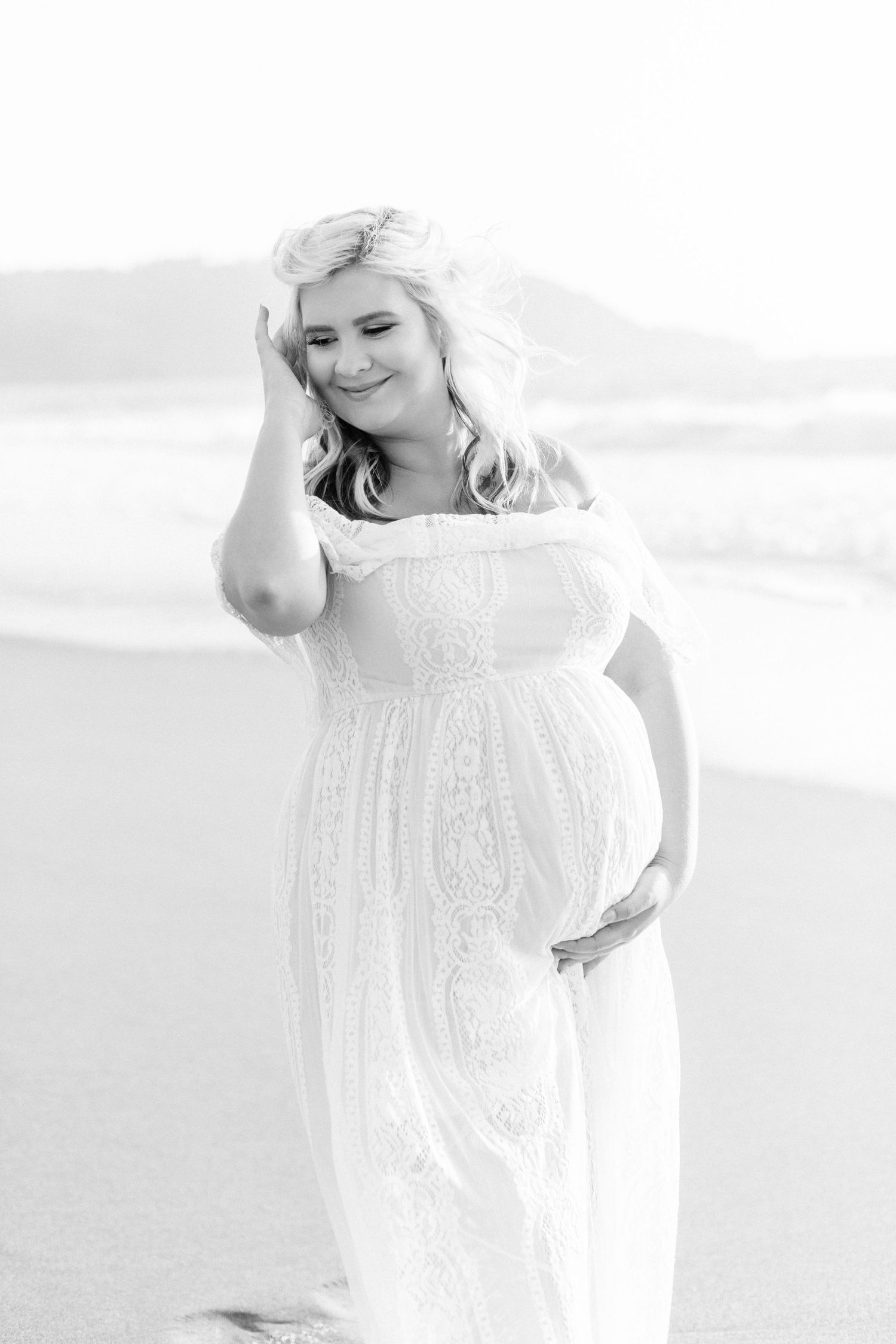 Close-up portraits in bright white tones showing joyful expressions on the beach.