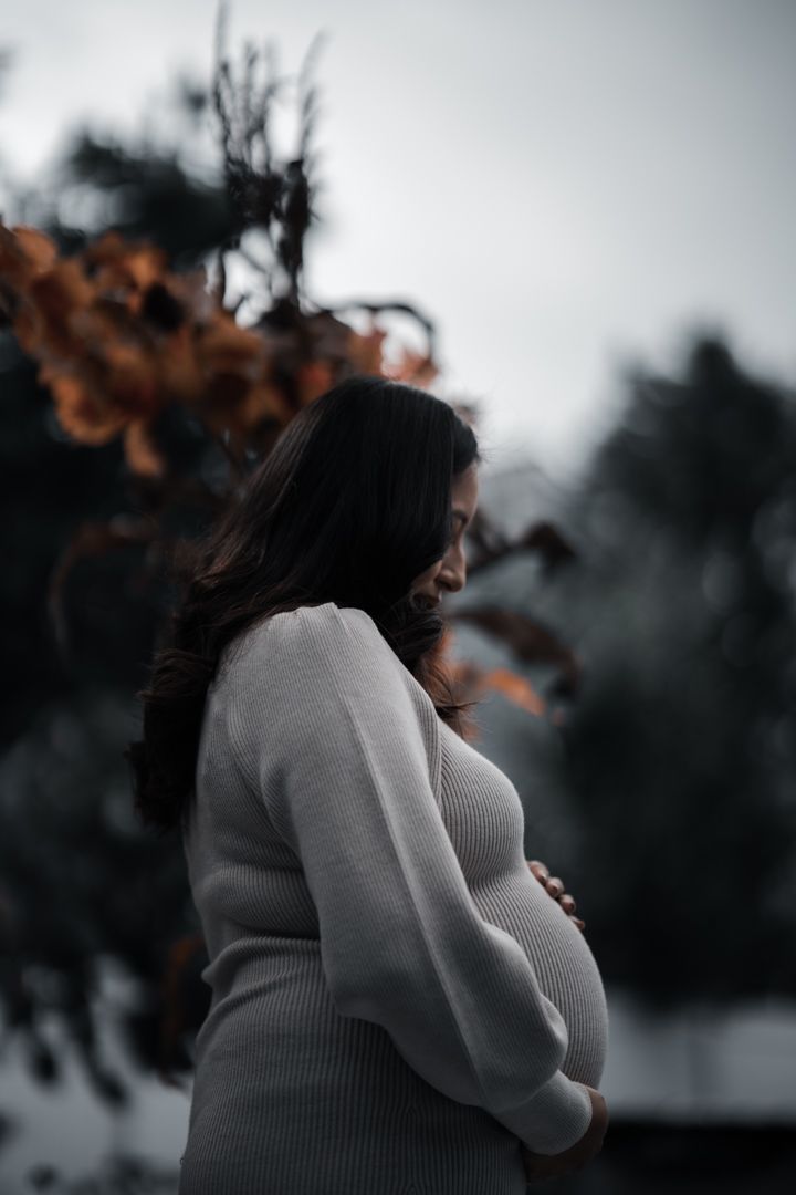 A silhouetted maternity portrait against a moody sky with autumn leaves in frame.