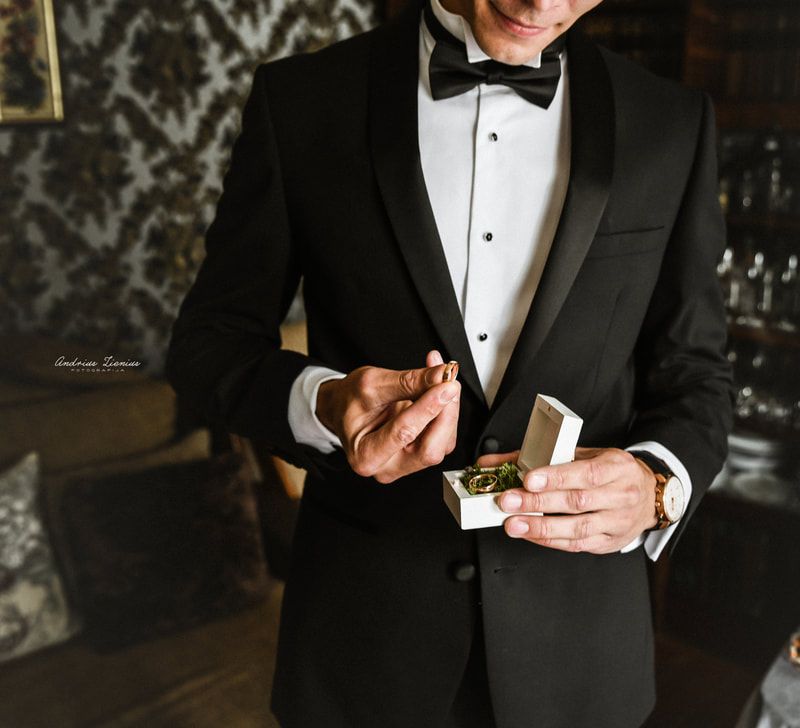Formal black tuxedo details captured in closeup shots showing buttons and bow tie.