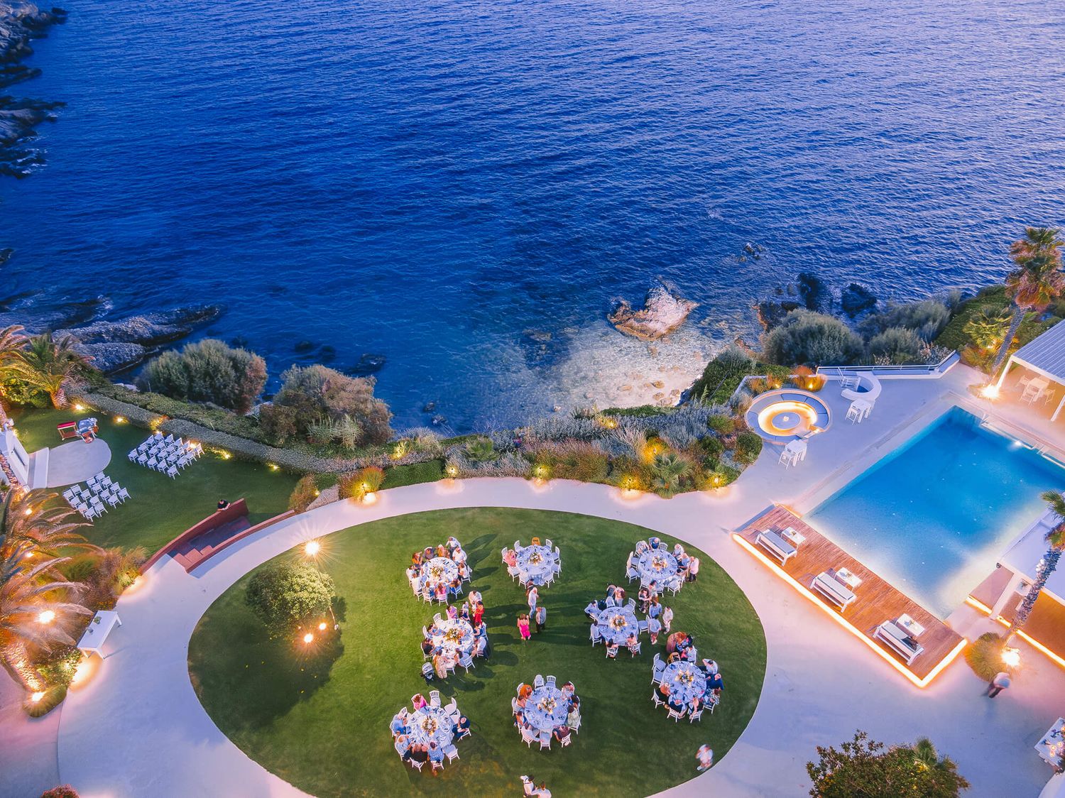 Aerial view of an elegant outdoor wedding evening event in Κτημα 48 Captured by GeorgeNafpliotis.com