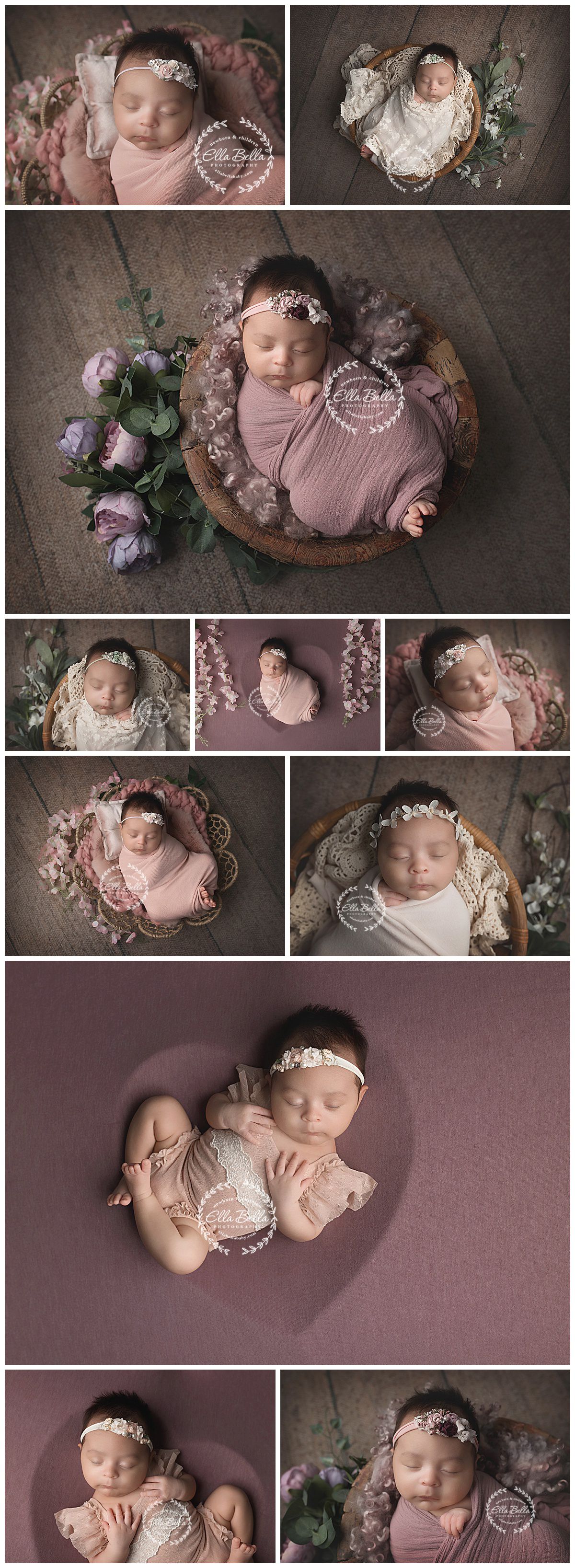 Artistic newborn photo collection featuring baby in pink and white wraps with vintage wooden props and floral accents.