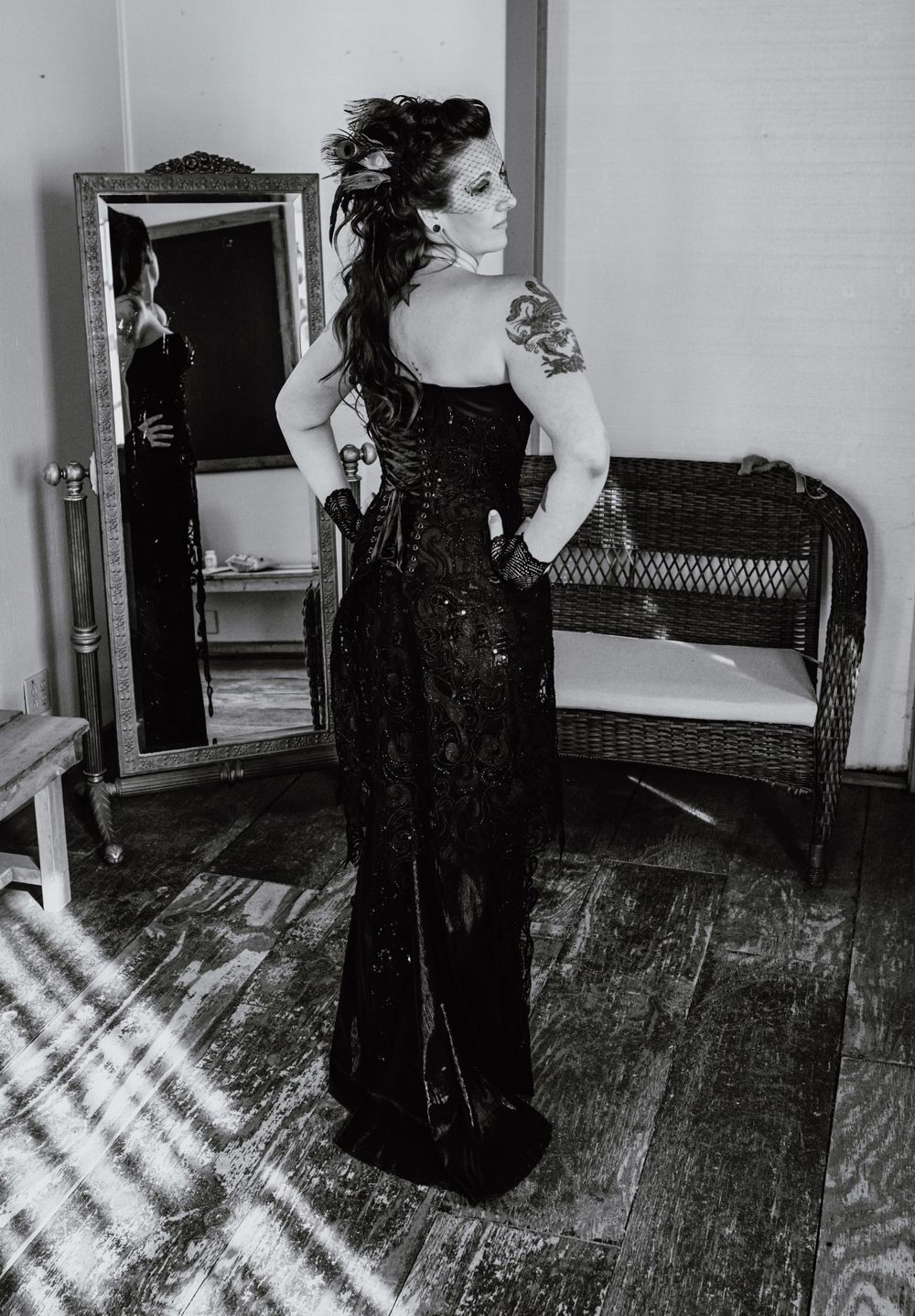 black and white bridal portrait black wedding dress