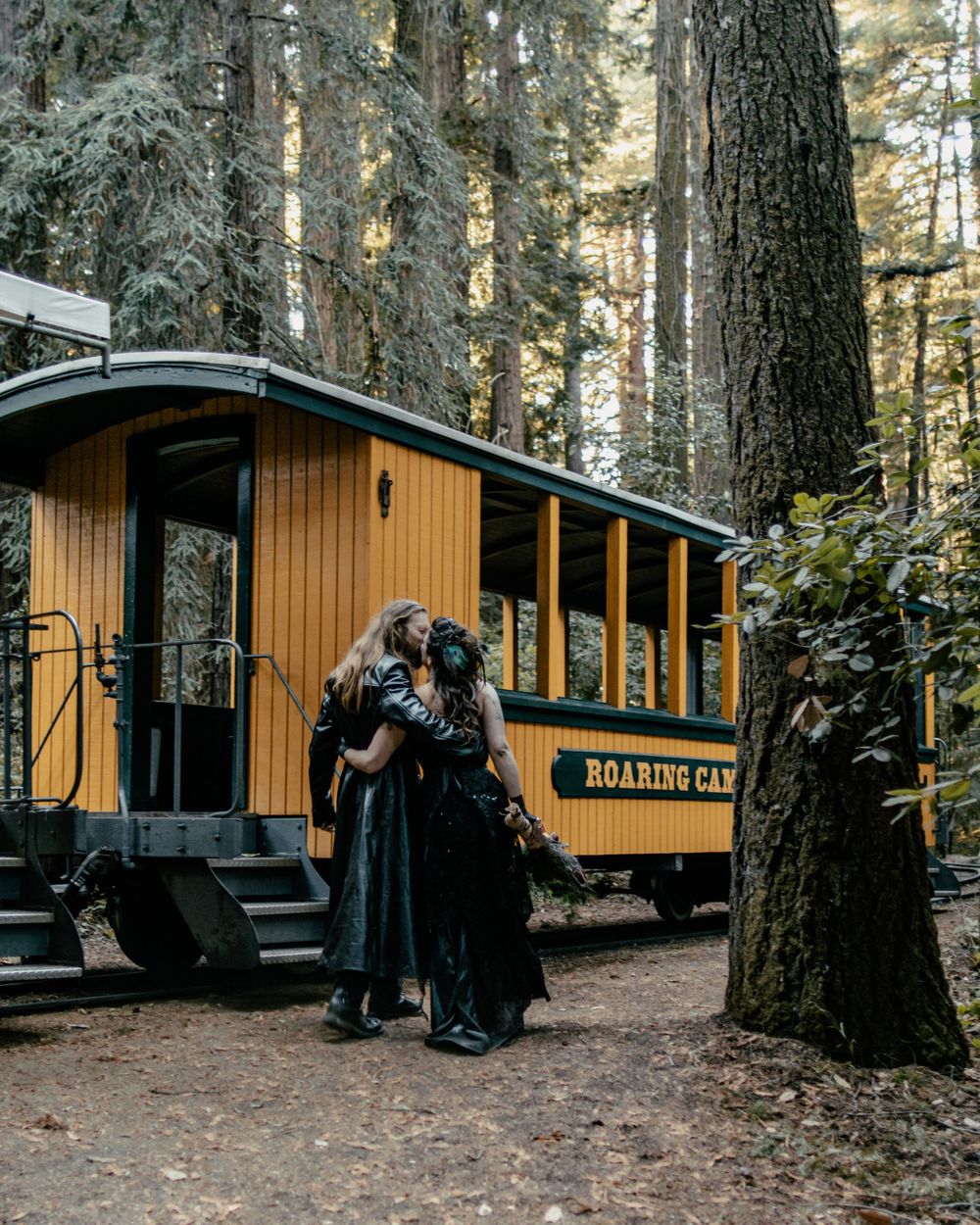 roaring camp railroad wedding black dress couple kissing with train car