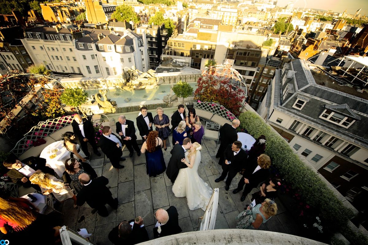 View from above of wedding on the terrace at The Dorchester