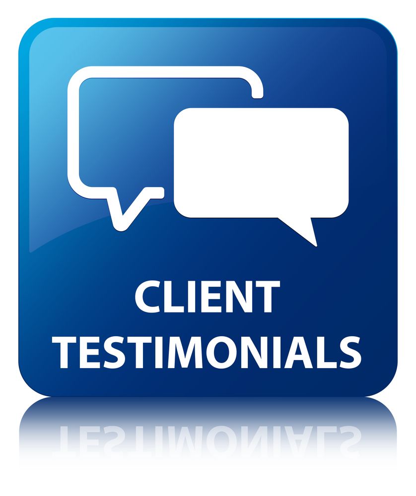 Blue square button with chat bubble icons and white text reading Client Testimonials.