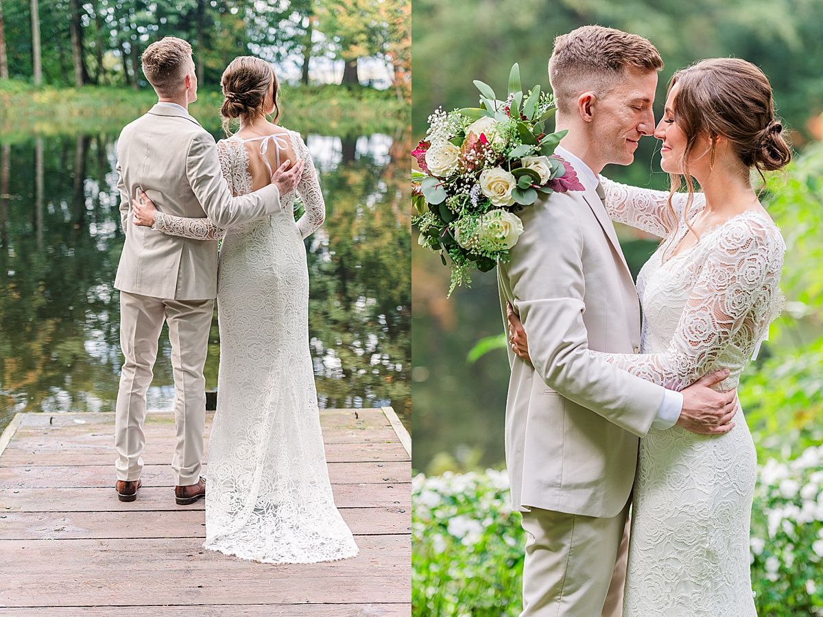 Bride and groom pose on dock at Bridal Veil Lakes wedding venue for photography