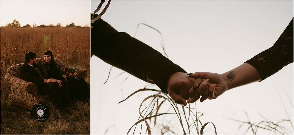 Artistic diptych showing couple in field and close-up of joined hands.