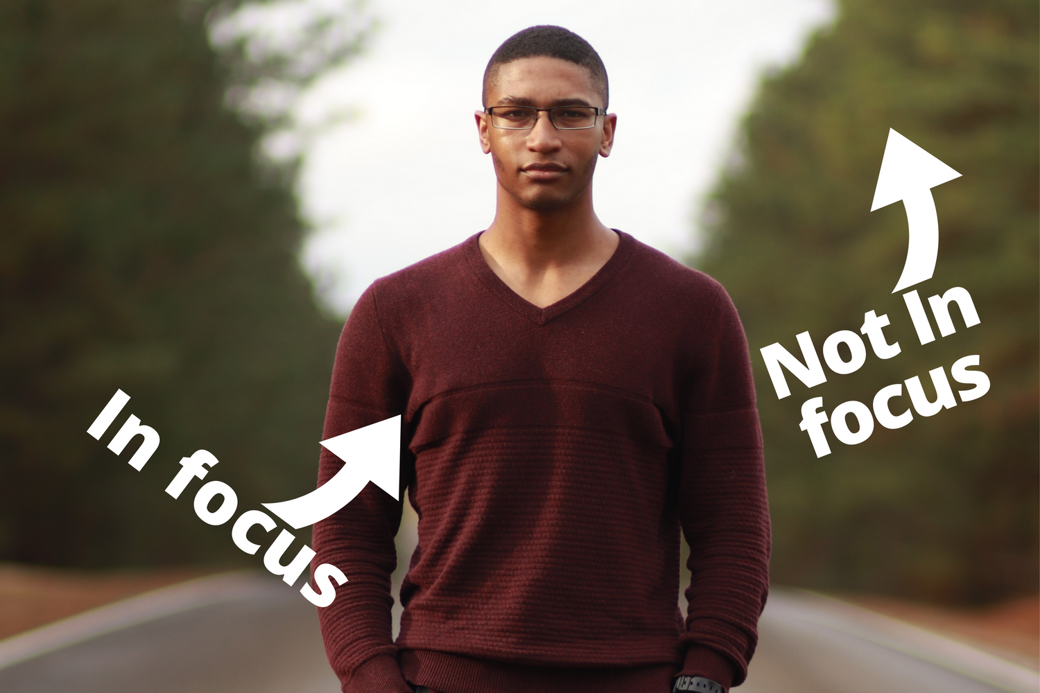 Photo of a black man in a burgundy sweater with a compressed, out of focus background, not in focus.