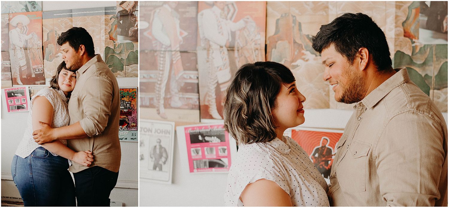 Series of romantic couple photos showing intimate moments against artistic wall backdrop.